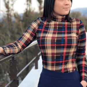 Tartan Form Fitting Mock Neck Top